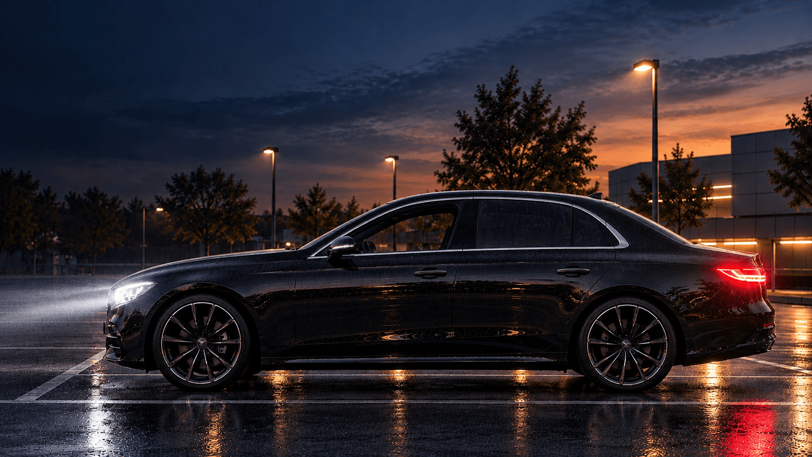 Geparkte schwarze Limousine am Abend, Scheinwerfer und Rücklichter sind eingeschaltet.