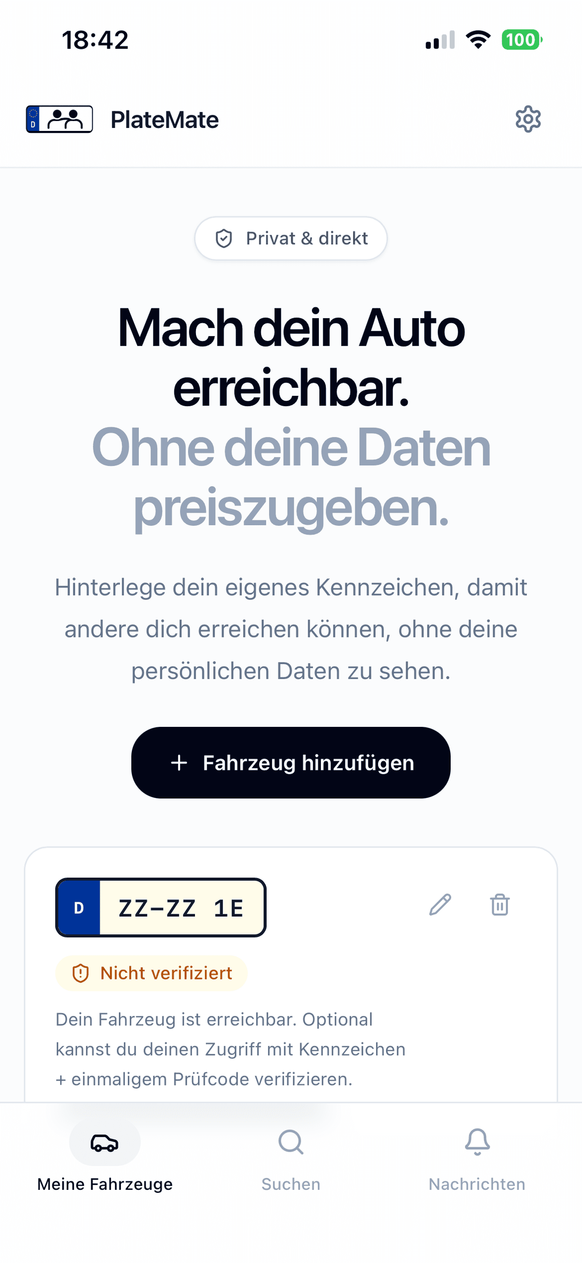 PlateMate App, Ansicht Meine Fahrzeuge: „Mach dein Auto erreichbar. Ohne deine Daten preiszugeben.“ mit einem hinterlegten Kennzeichen.