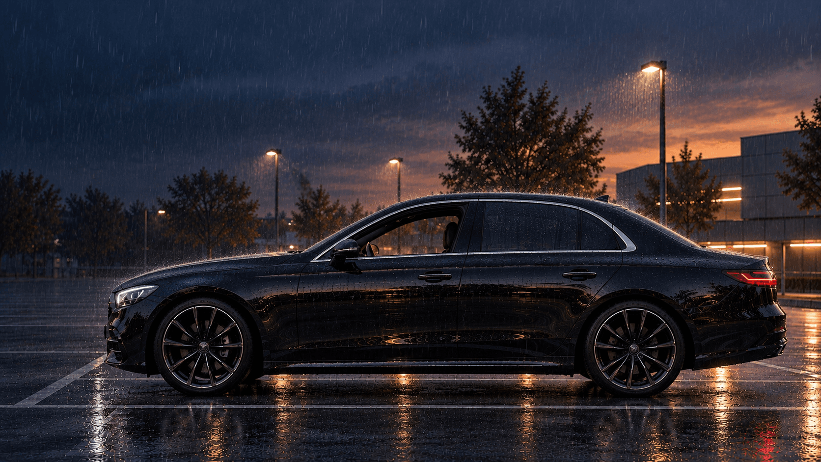 Schwarze Limousine bei Regen auf einem Parkplatz am Abend, das vordere Seitenfenster ist geöffnet.